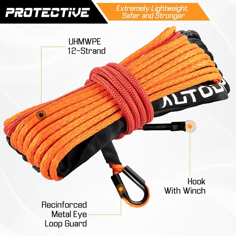 AUTODUNK Synthetic Winch Rope-1/4 x 50ft 10,000LBS Winch Line with 6" Fairlead, Forged Winch Hook and Rubber Stopper, Protective Sleeve Synthetic Winch Cable for 4WD ATV UTV Offroad Vehicles, Orange - Image 4